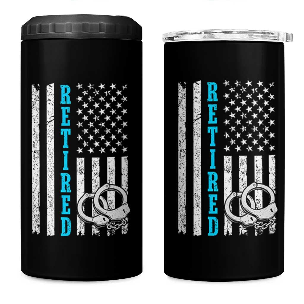 Funny Retired Police Officer 4 in 1 Can Cooler Tumbler Patriotic Flag With Handcuffs