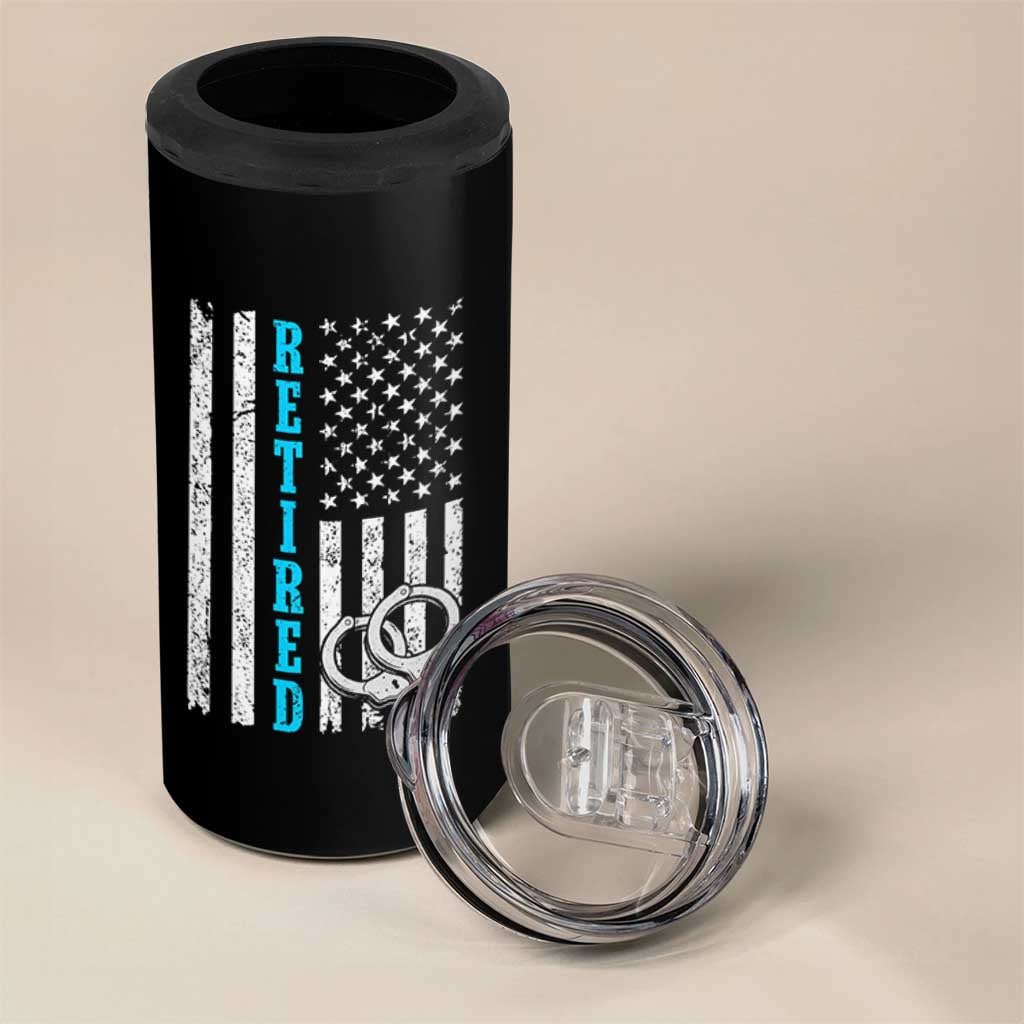Funny Retired Police Officer 4 in 1 Can Cooler Tumbler Patriotic Flag With Handcuffs