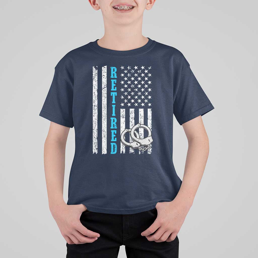 Funny Retired Police Officer T Shirt For Kid Patriotic Flag With Handcuffs - Wonder Print Shop