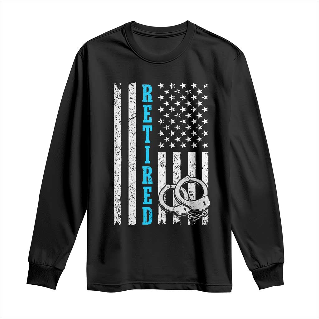 Funny Retired Police Officer Long Sleeve Shirt Patriotic Flag With Handcuffs - Wonder Print Shop