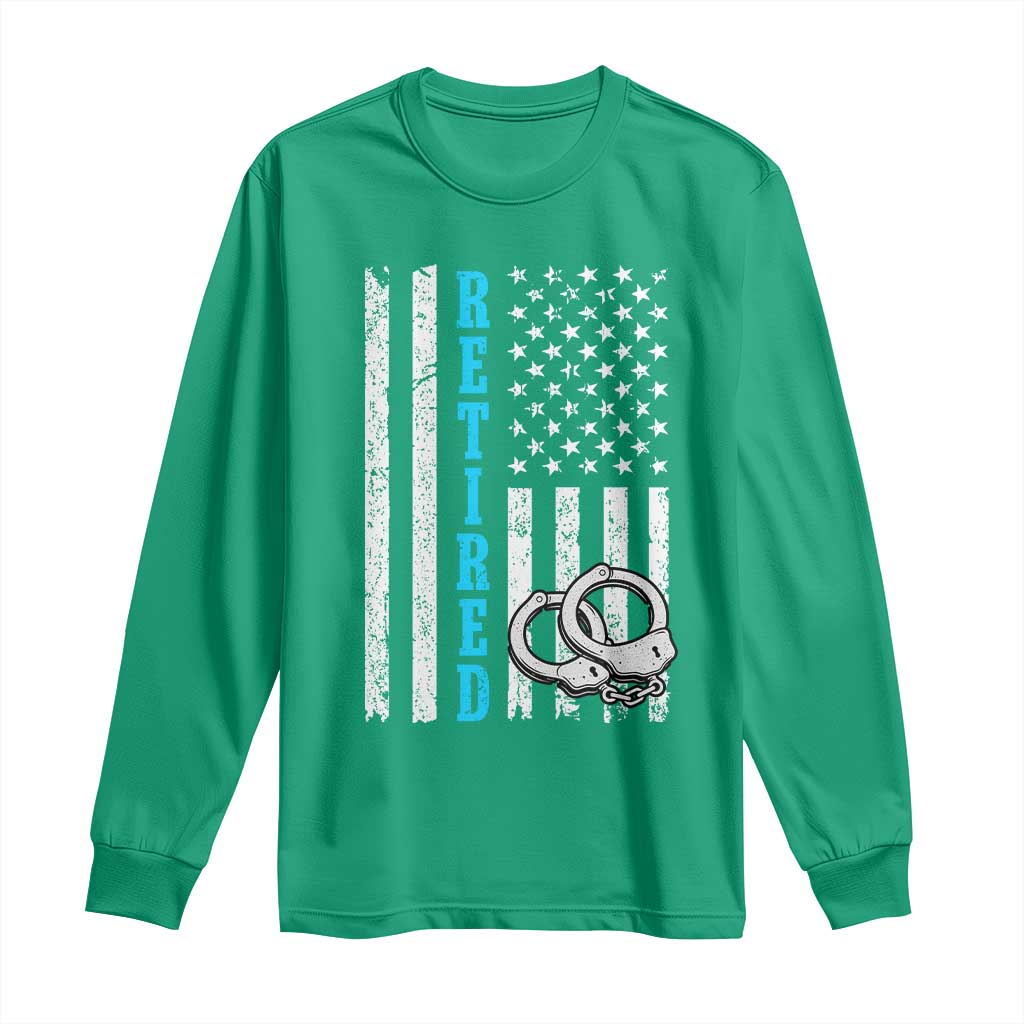 Funny Retired Police Officer Long Sleeve Shirt Patriotic Flag With Handcuffs - Wonder Print Shop