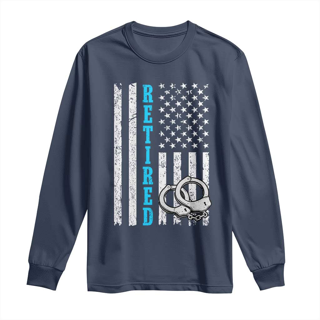 Funny Retired Police Officer Long Sleeve Shirt Patriotic Flag With Handcuffs - Wonder Print Shop