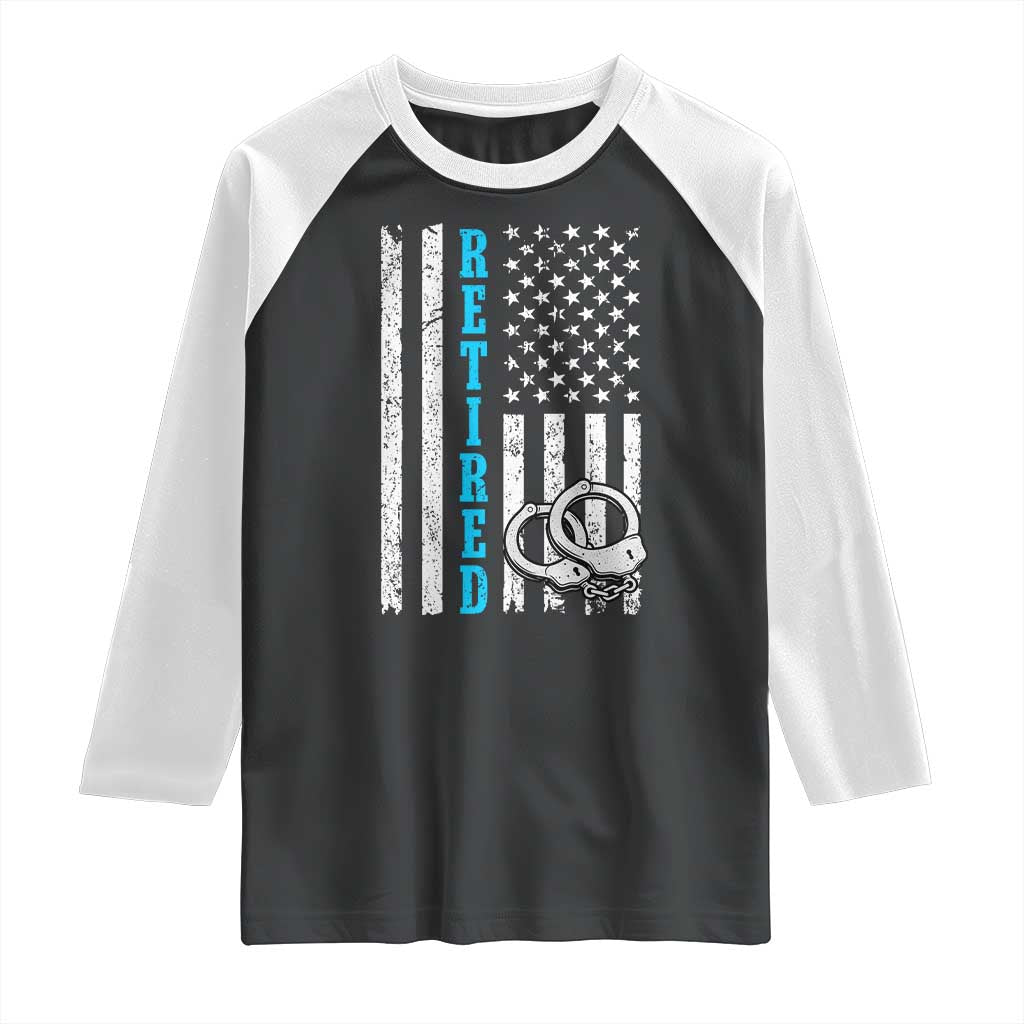 Funny Retired Police Officer Raglan Shirt Patriotic Flag With Handcuffs - Wonder Print Shop