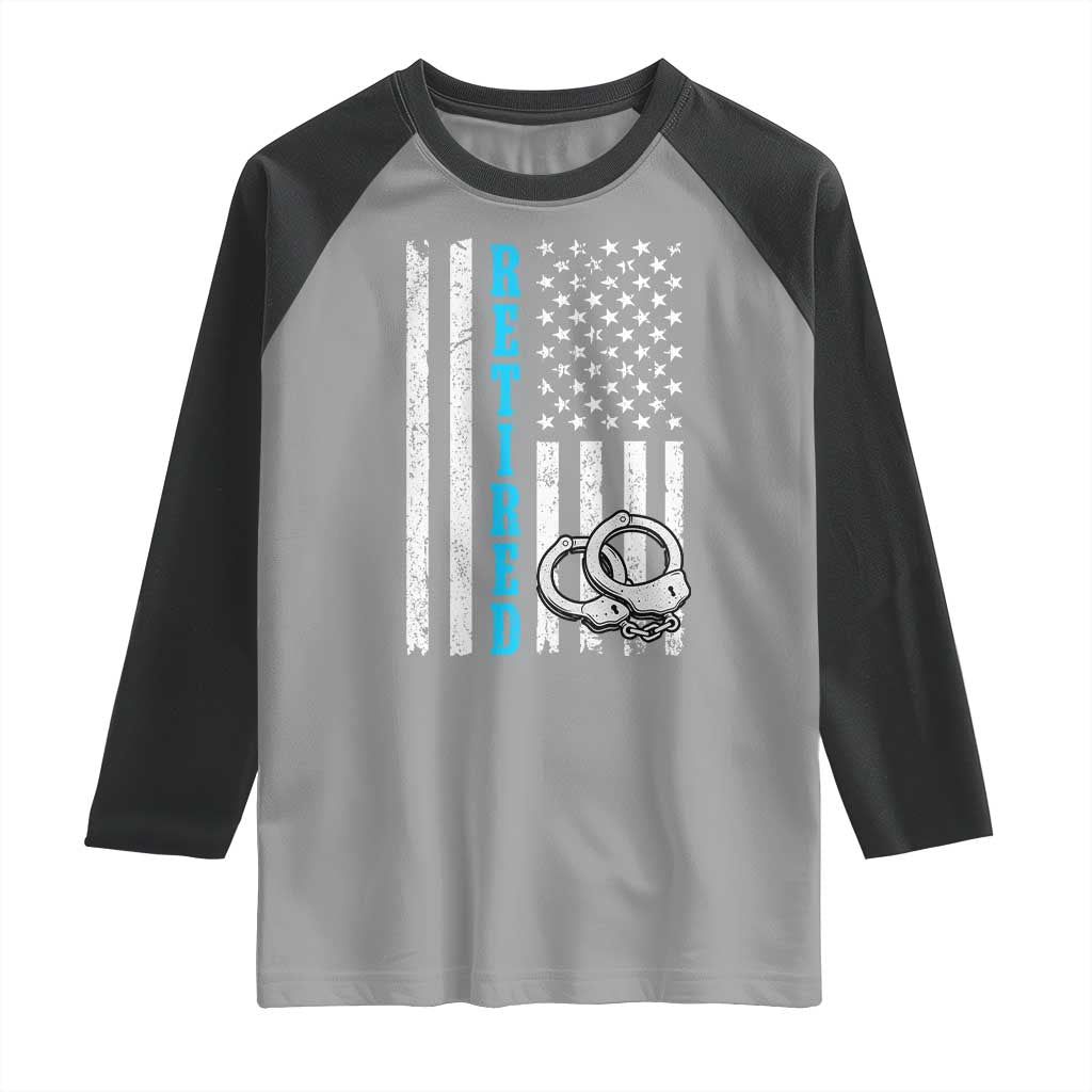Funny Retired Police Officer Raglan Shirt Patriotic Flag With Handcuffs - Wonder Print Shop