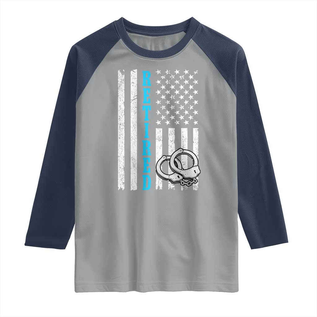 Funny Retired Police Officer Raglan Shirt Patriotic Flag With Handcuffs - Wonder Print Shop