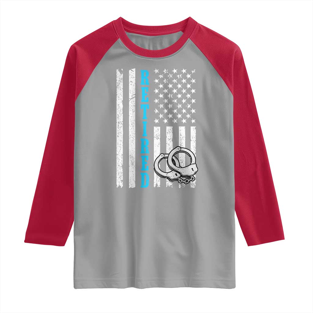 Funny Retired Police Officer Raglan Shirt Patriotic Flag With Handcuffs - Wonder Print Shop