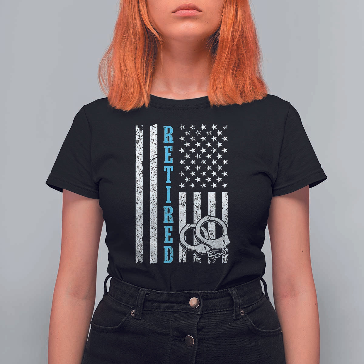 Funny Retired Police Officer T Shirt For Women Patriotic Flag With Handcuffs - Wonder Print Shop