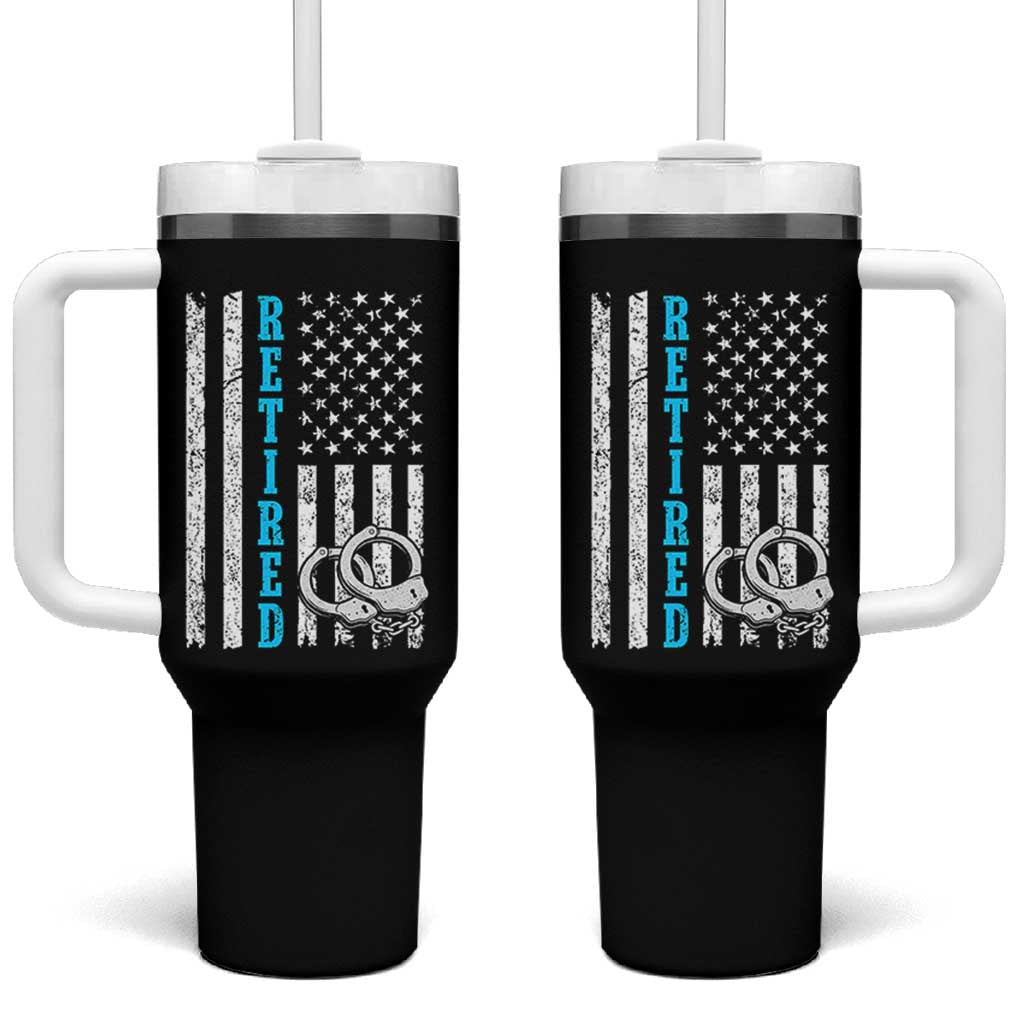 Funny Retired Police Officer Tumbler With Handle Patriotic Flag With Handcuffs