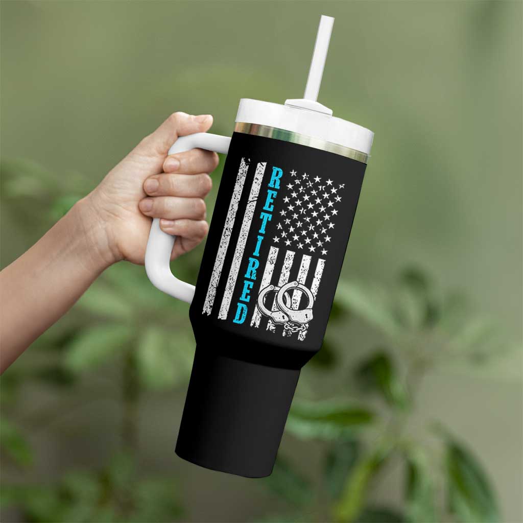 Funny Retired Police Officer Tumbler With Handle Patriotic Flag With Handcuffs