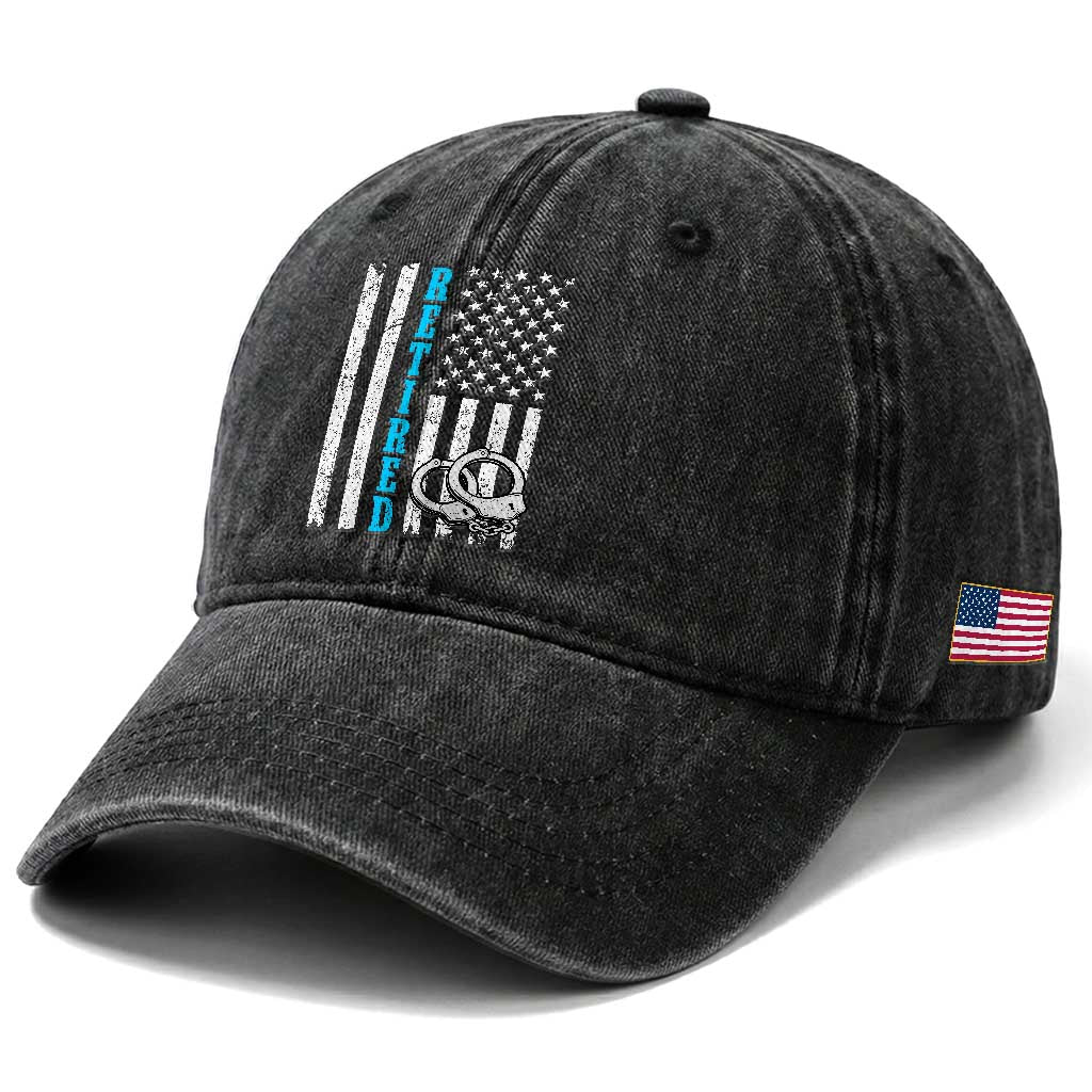Funny Retired Police Officer Washed Cotton Baseball Cap Patriotic Flag With Handcuffs