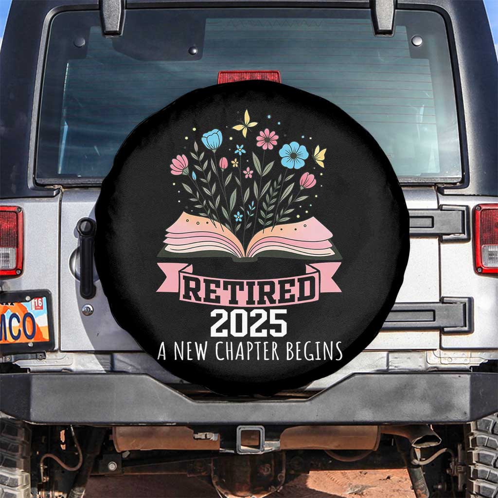 Women Retirement Life Spare Tire Cover Retired 2025 A New Chapter Begins Floral Book - Wonder Print Shop