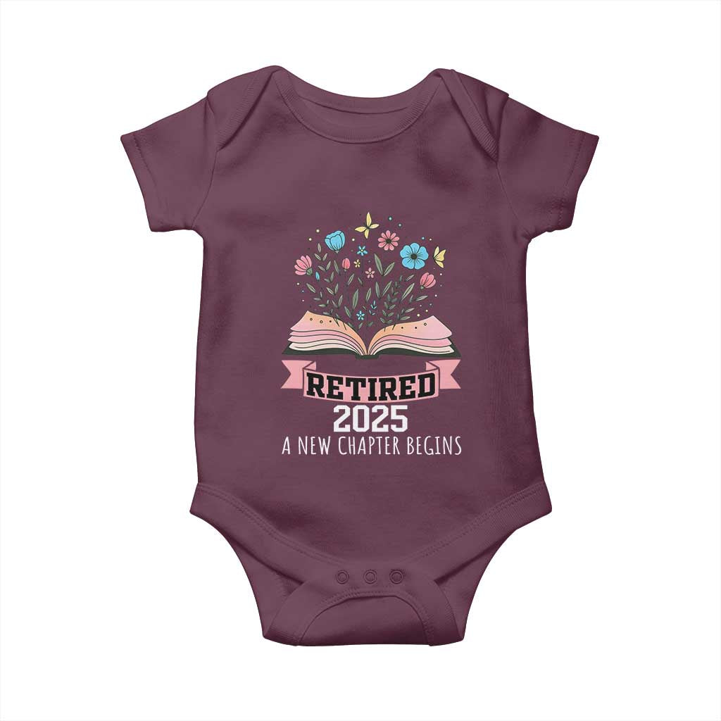 Women Retirement Life Baby Onesie Retired 2025 A New Chapter Begins Floral Book - Wonder Print Shop