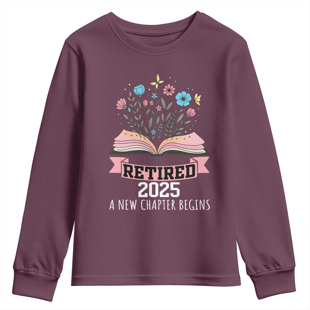 Women Retirement Life Youth Sweatshirt Retired 2025 A New Chapter Begins Floral Book - Wonder Print Shop