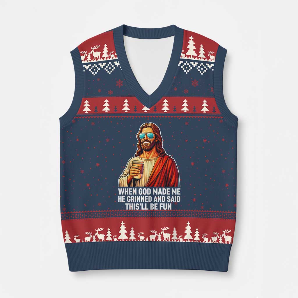 Funny Religious Jesus V-Neck Knit Sweater Vest Wait Im Goated