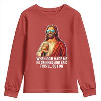 Funny Religious Jesus Youth Sweatshirt When God Made Me He Grinned And Said This Will Be Fun