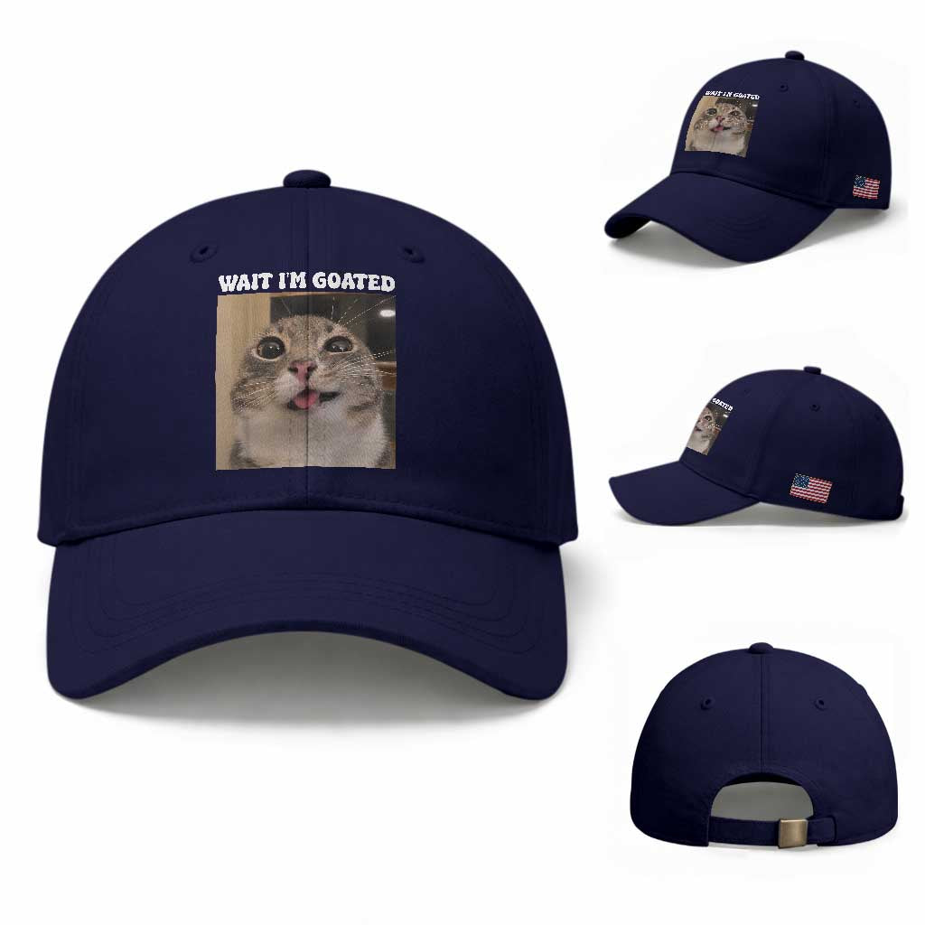 Funny Silly Cat Meme Baseball Cap Wait Im Goated