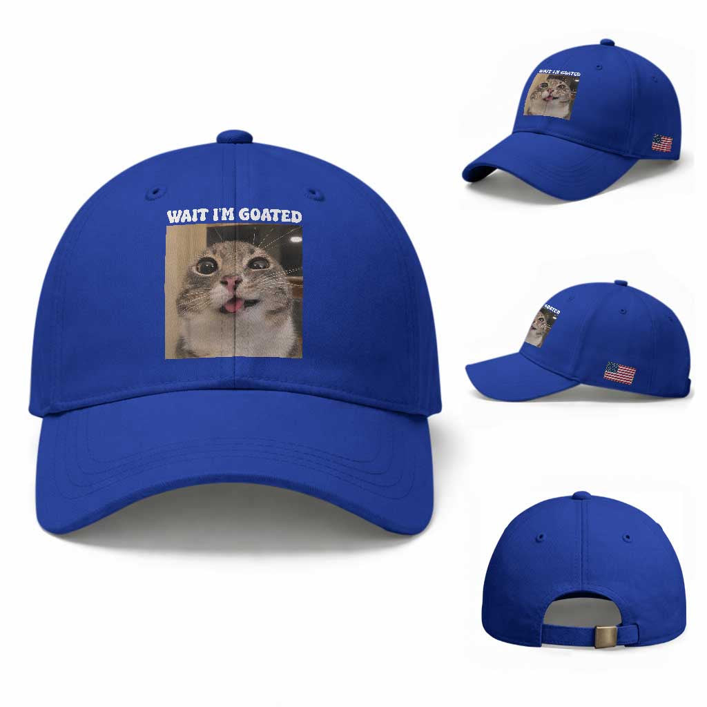 Funny Silly Cat Meme Baseball Cap Wait Im Goated