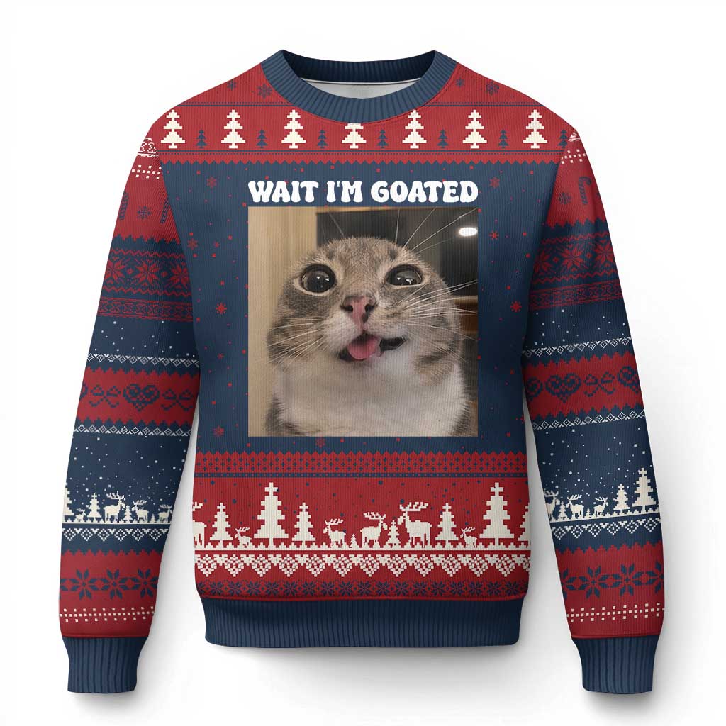 Funny Silly Cat Meme Ugly Christmas Sweater Wait Im Goated