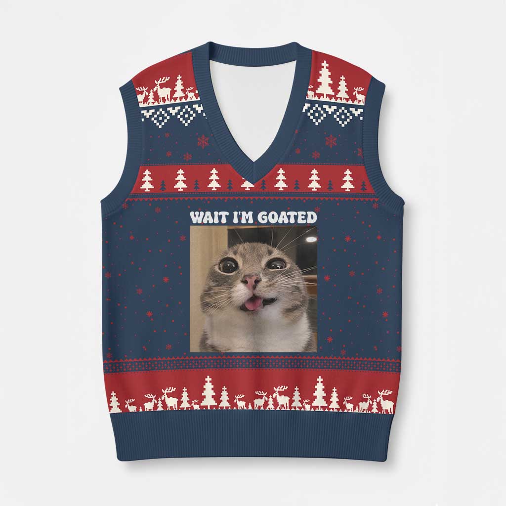 Funny Silly Cat Meme V-Neck Knit Sweater Vest Wait Im Goated