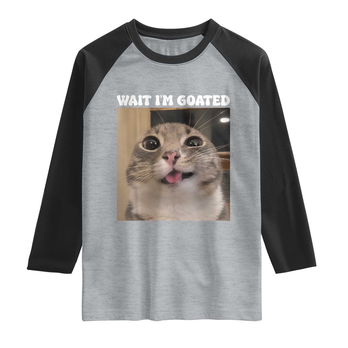 Funny Silly Cat Meme Raglan Shirt Wait Im Goated