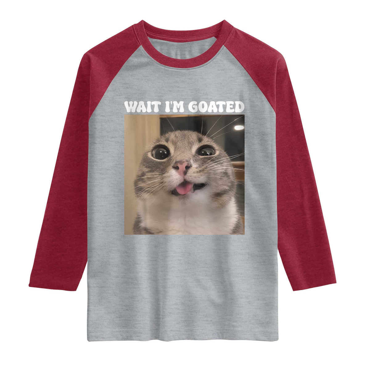Funny Silly Cat Meme Raglan Shirt Wait Im Goated
