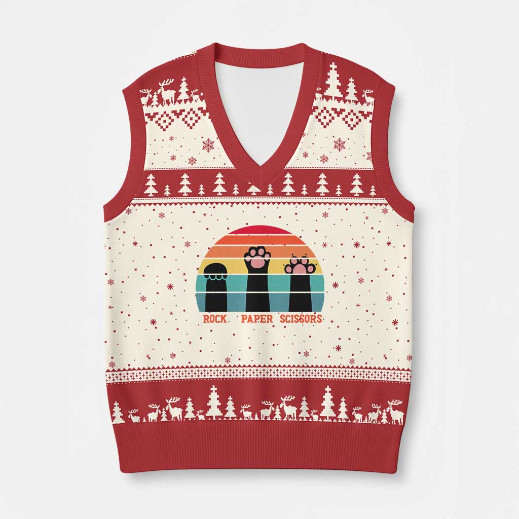 Funny Vintage Black Cat Introvert V-Neck Knit Sweater Vest Rock Paper Scissors Paw