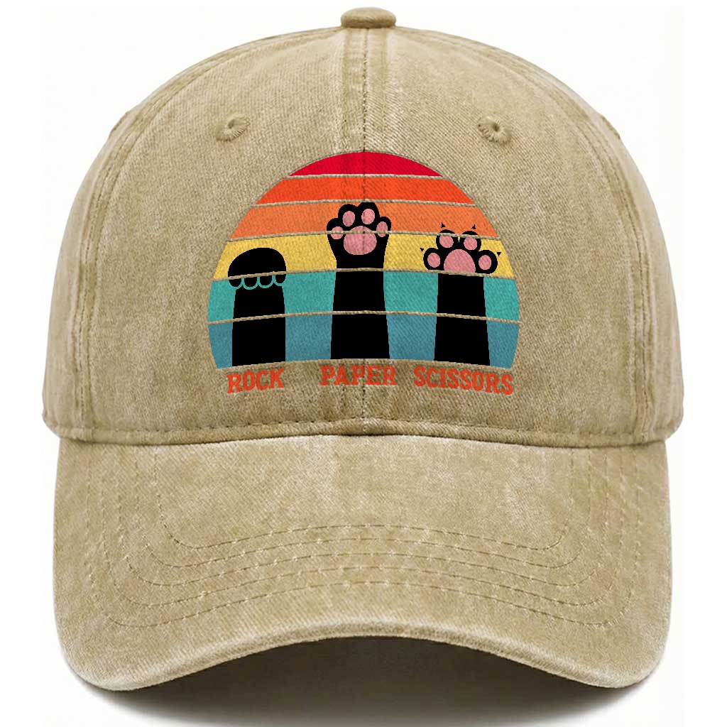 Funny Vintage Black Cat Introvert Washed Cotton Baseball Cap Rock Paper Scissors Paw