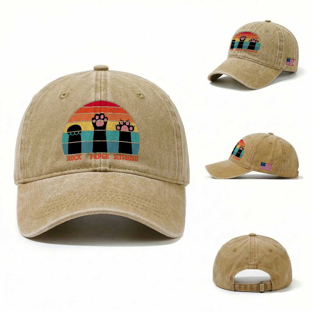 Funny Vintage Black Cat Introvert Washed Cotton Baseball Cap Rock Paper Scissors Paw
