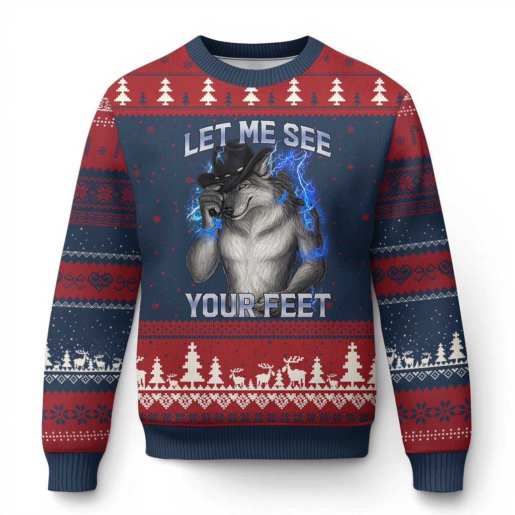 Funny Alpha Wolf Ironic Meme Ugly Christmas Sweater Let Me See Your Feet