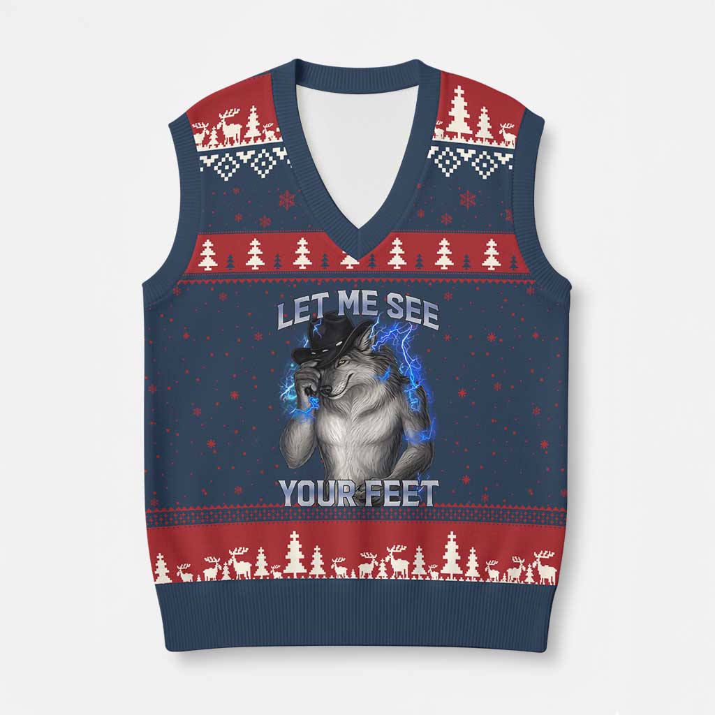 Funny Alpha Wolf Ironic Meme V-Neck Knit Sweater Vest Let Me See Your Feet