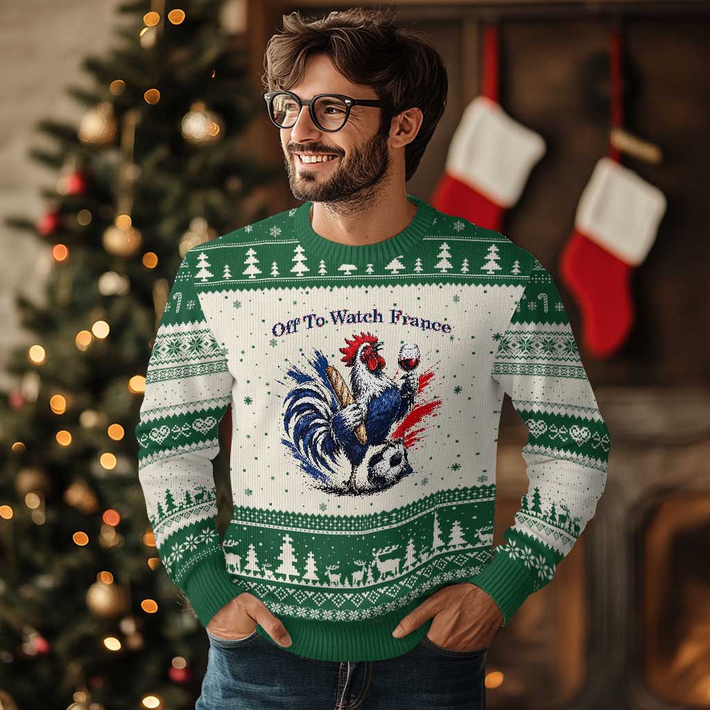 Funny French Rooster Soccer Fan Ugly Christmas Sweater Off To Watch France
