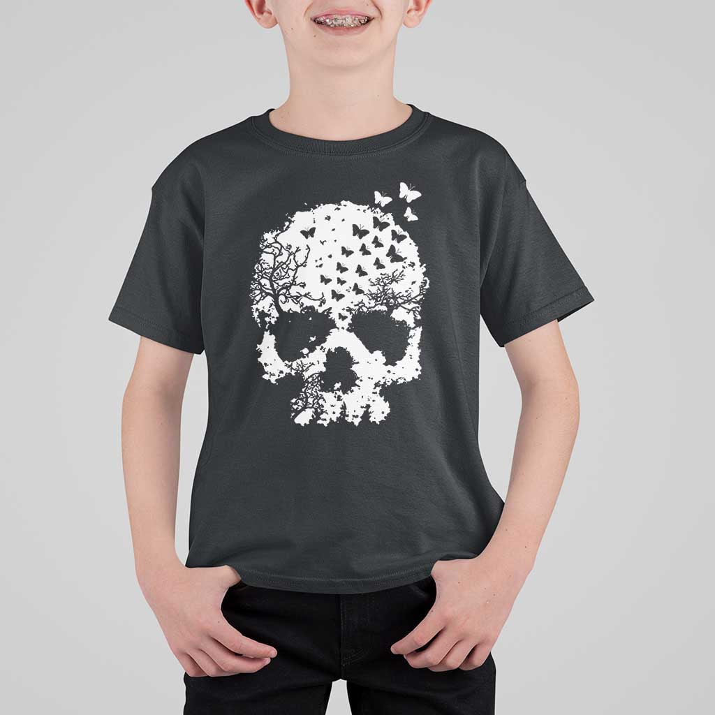 Dark Gothic Graphic Skull Floral Butterfly T Shirt For Kid