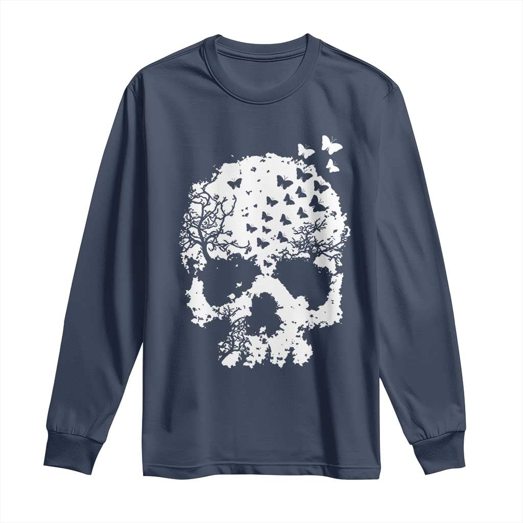 Dark Gothic Graphic Skull Floral Butterfly Long Sleeve Shirt