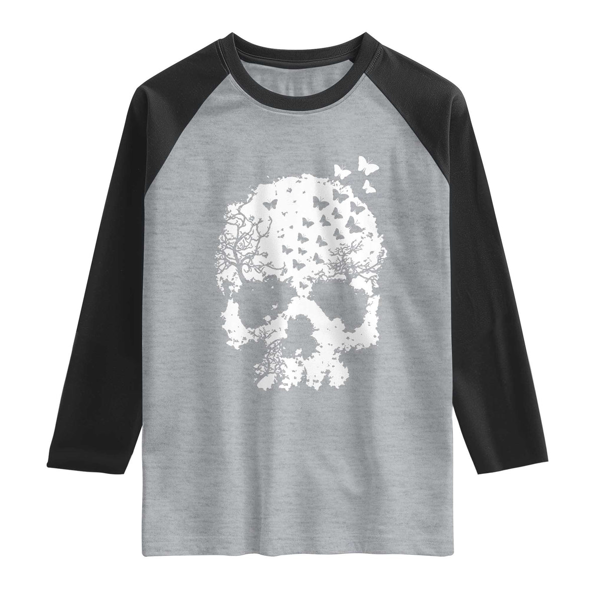 Dark Gothic Graphic Skull Floral Butterfly Raglan Shirt