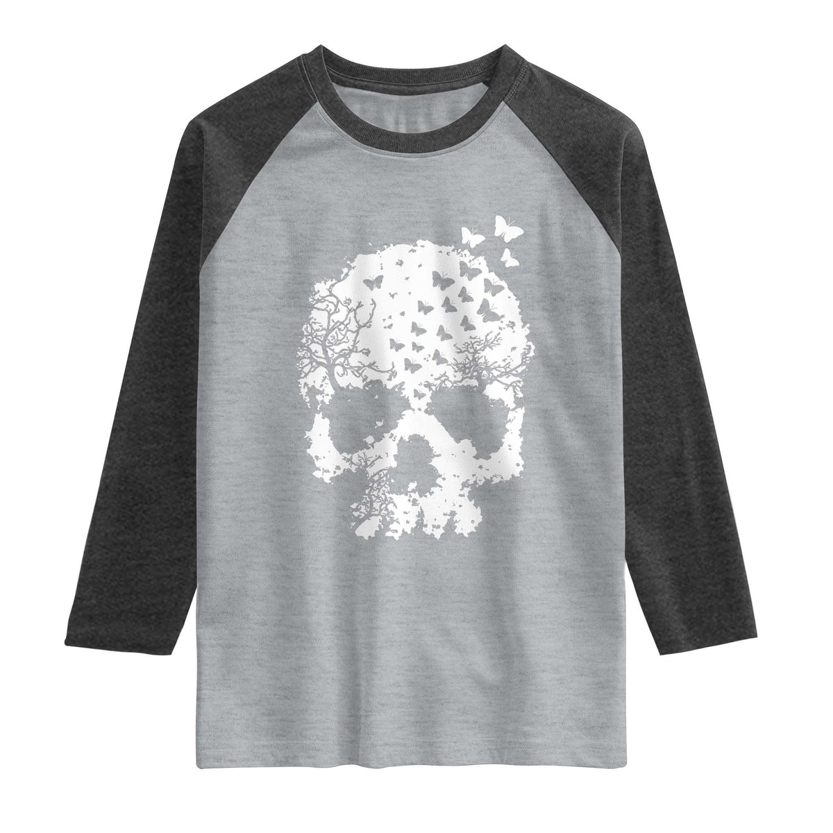 Dark Gothic Graphic Skull Floral Butterfly Raglan Shirt
