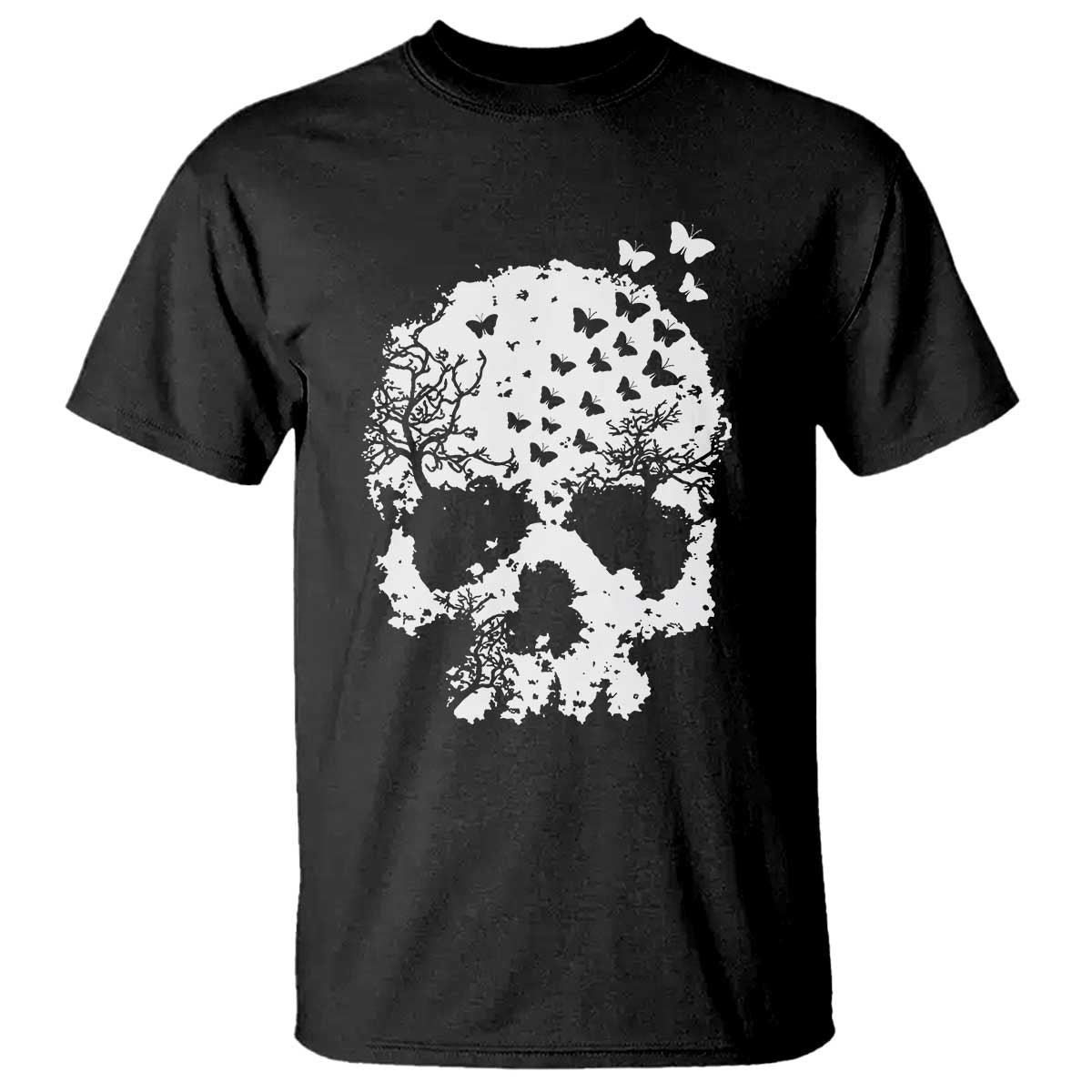 Dark Gothic Graphic Skull Floral Butterfly T Shirt