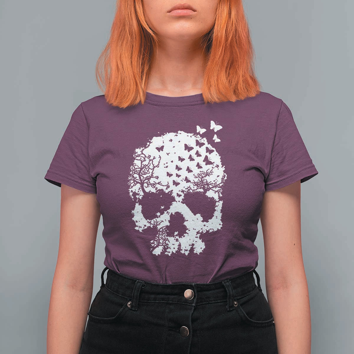Dark Gothic Graphic Skull Floral Butterfly T Shirt For Women