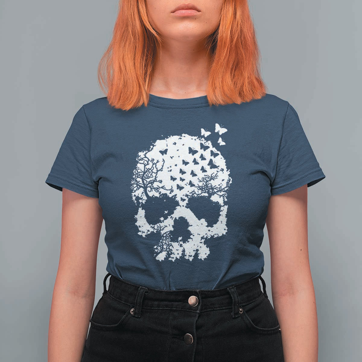 Dark Gothic Graphic Skull Floral Butterfly T Shirt For Women
