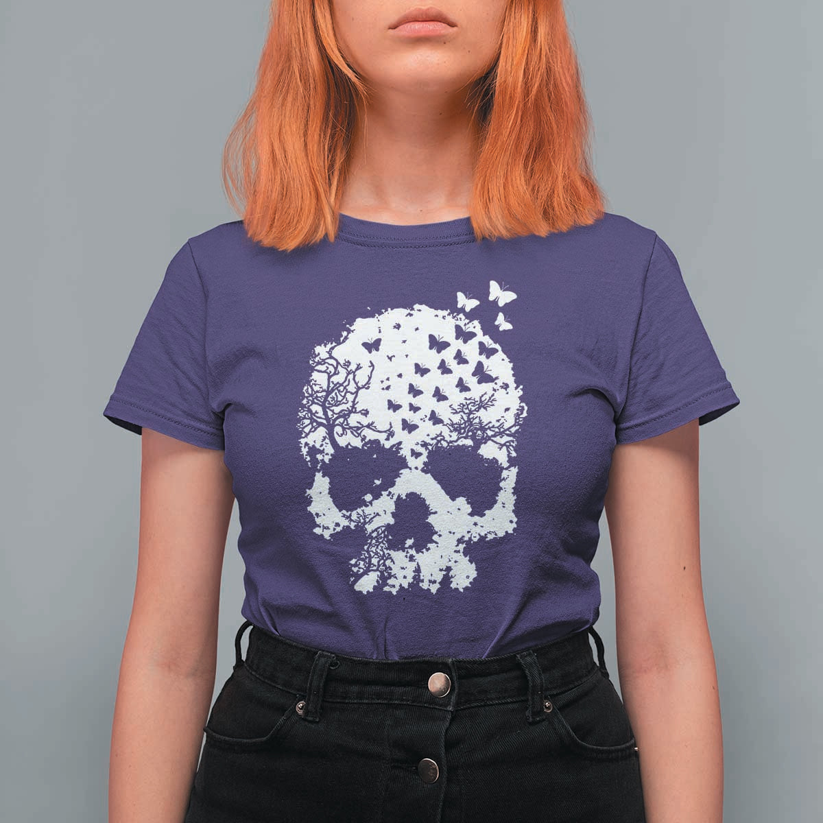 Dark Gothic Graphic Skull Floral Butterfly T Shirt For Women