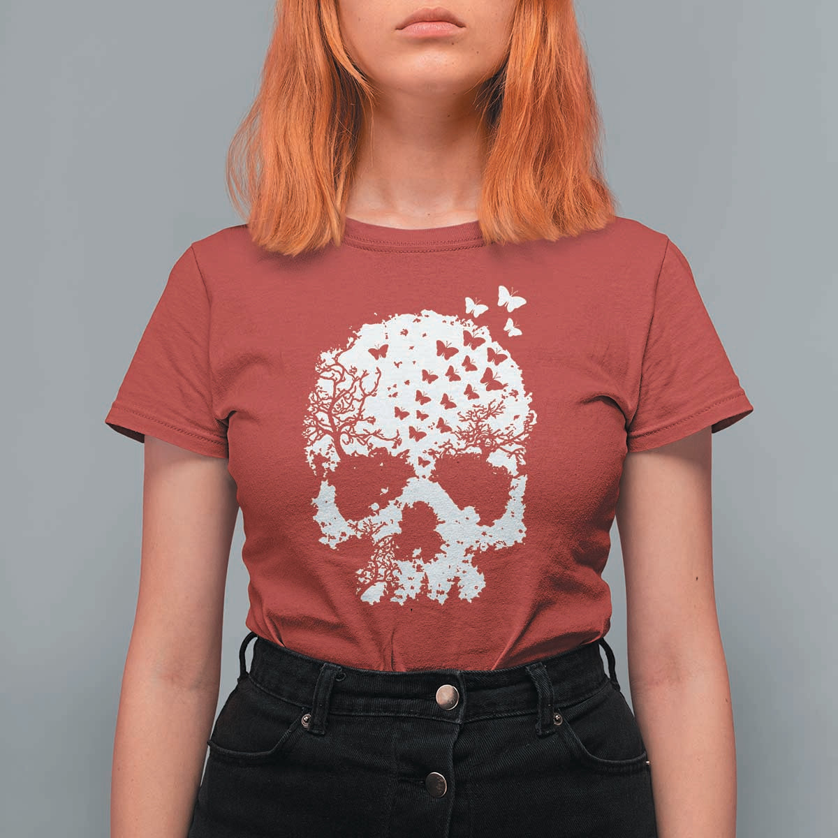 Dark Gothic Graphic Skull Floral Butterfly T Shirt For Women