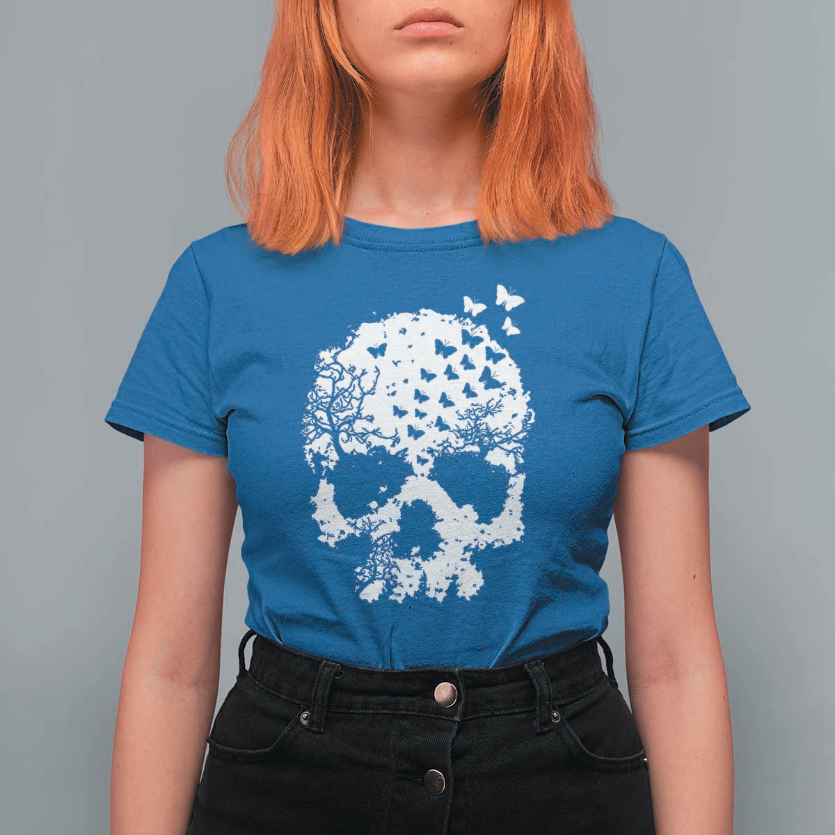 Dark Gothic Graphic Skull Floral Butterfly T Shirt For Women