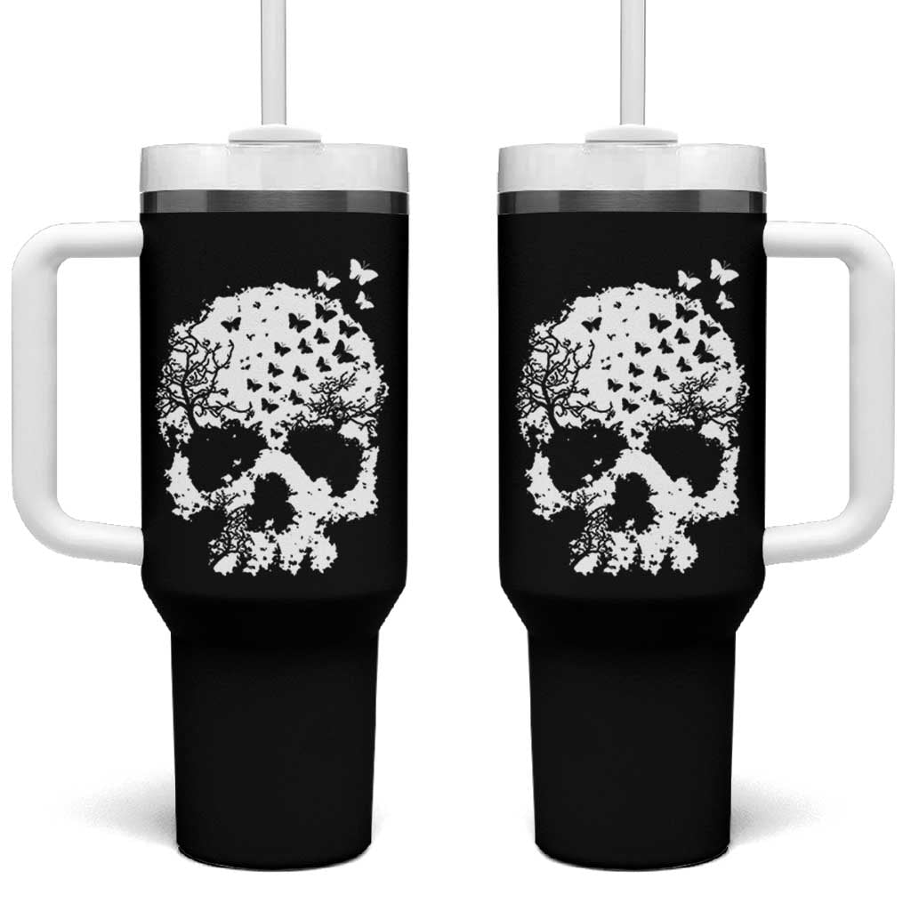 Dark Gothic Graphic Skull Floral Butterfly Tumbler With Handle