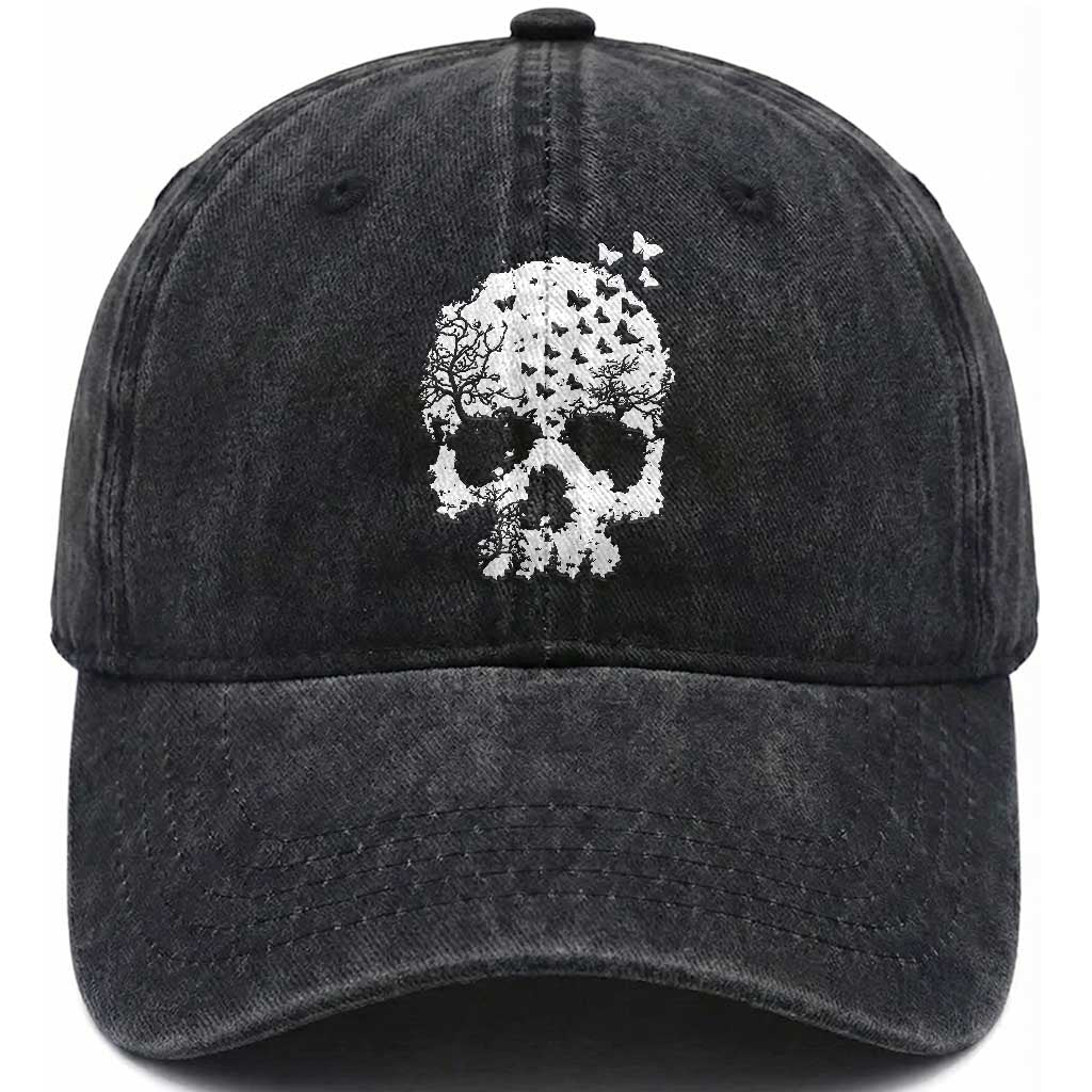Dark Gothic Graphic Skull Floral Butterfly Washed Cotton Baseball Cap