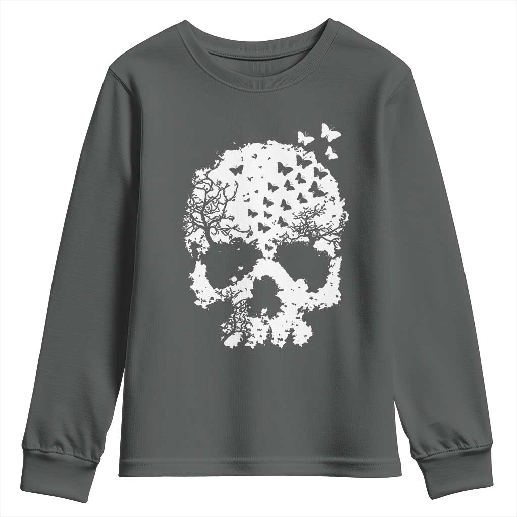 Dark Gothic Graphic Skull Floral Butterfly Youth Sweatshirt