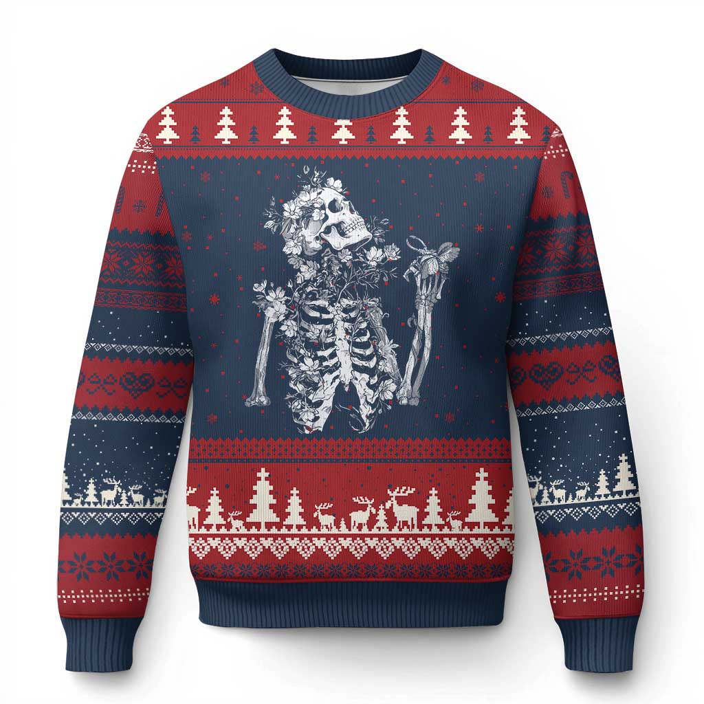 Gothic Grunge Floral Skeleton Ugly Christmas Sweater Dark Alternative Aesthetic For Women