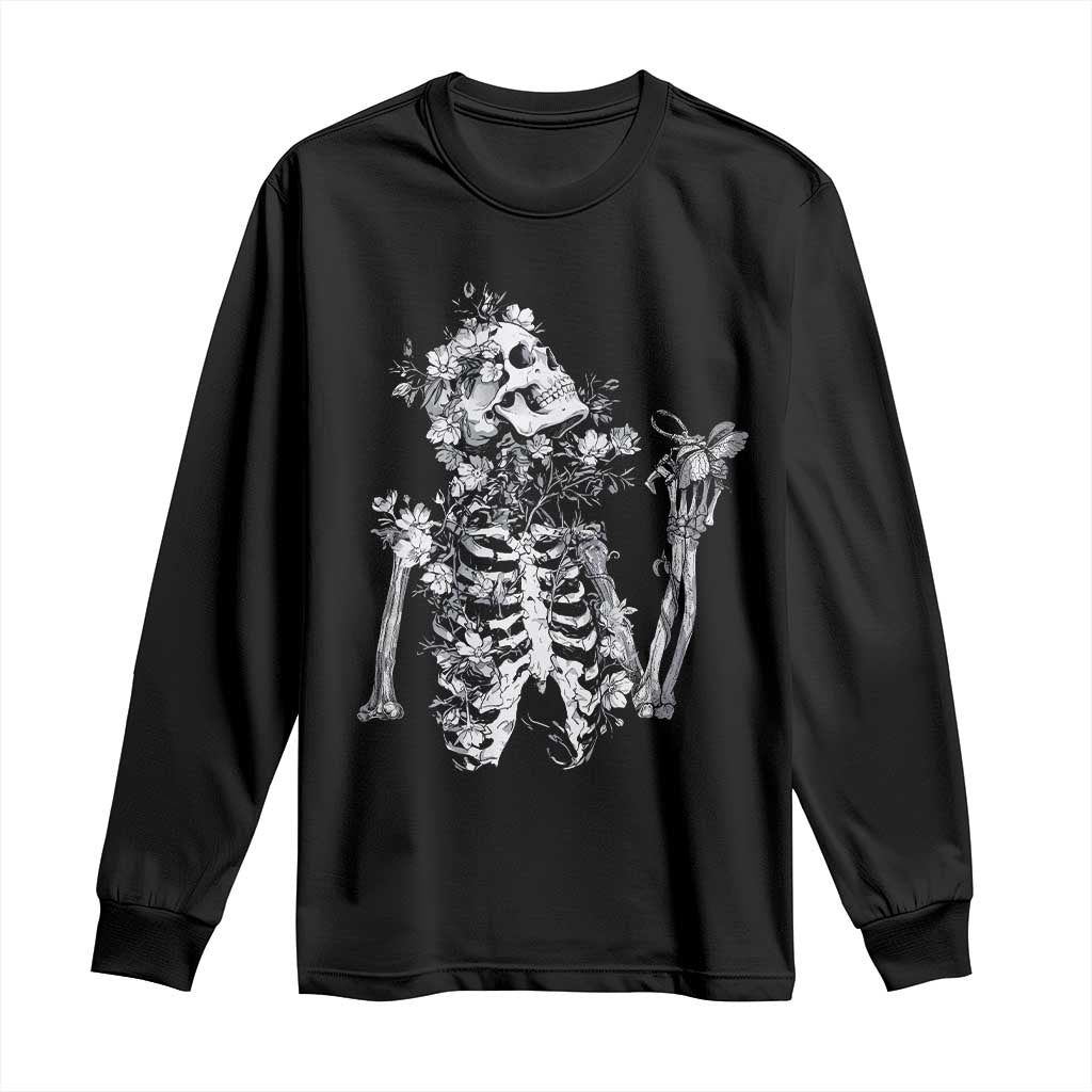 Gothic Grunge Floral Skeleton Long Sleeve Shirt Dark Alternative Aesthetic For Women