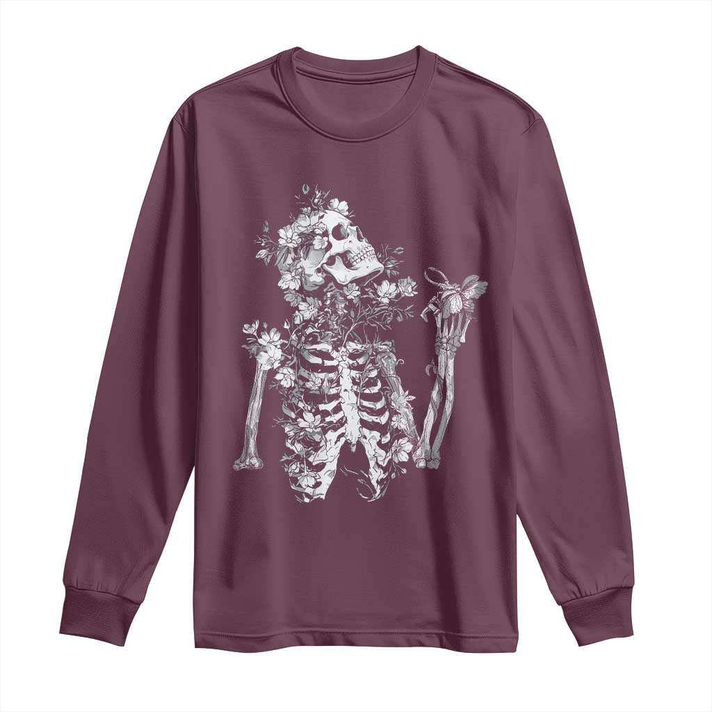 Gothic Grunge Floral Skeleton Long Sleeve Shirt Dark Alternative Aesthetic For Women