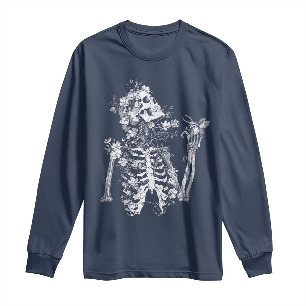 Gothic Grunge Floral Skeleton Long Sleeve Shirt Dark Alternative Aesthetic For Women