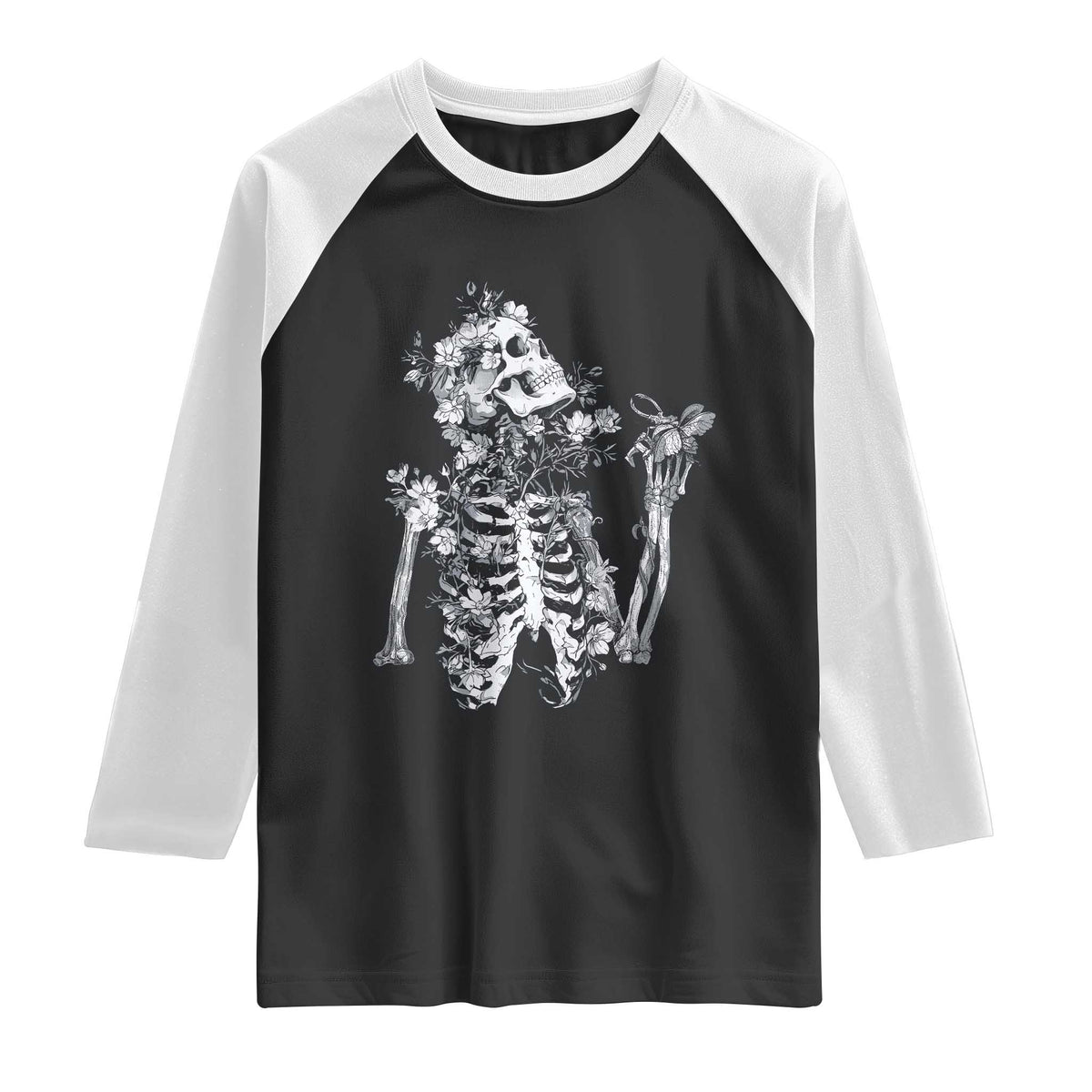 Gothic Grunge Floral Skeleton Raglan Shirt Dark Alternative Aesthetic For Women