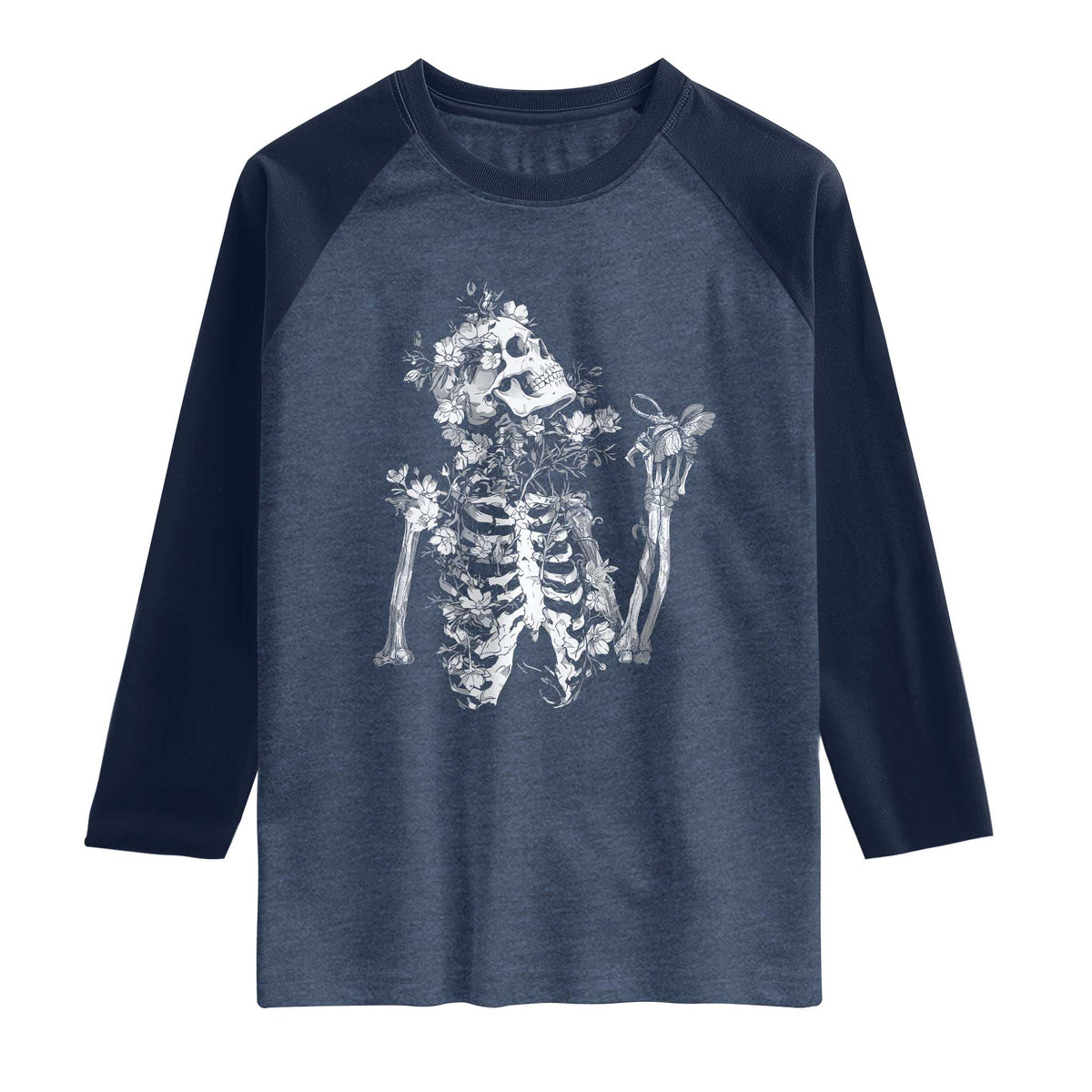 Gothic Grunge Floral Skeleton Raglan Shirt Dark Alternative Aesthetic For Women
